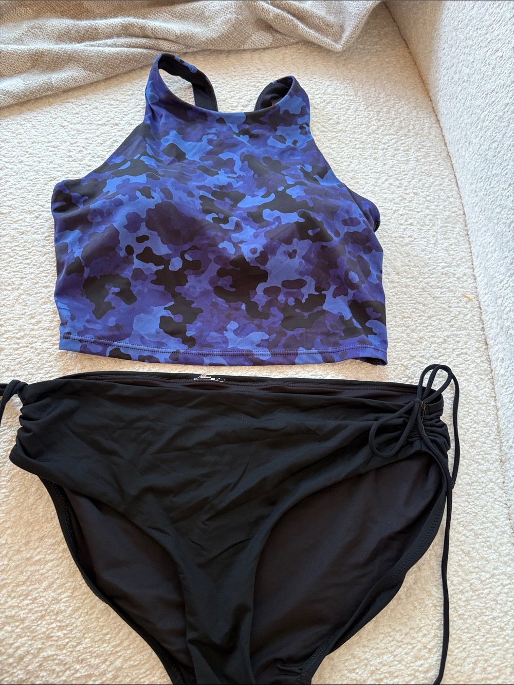 Athleta Blue Camo High-Neck Crop Swim Top with Black Tie-Side Bikini Bottoms
